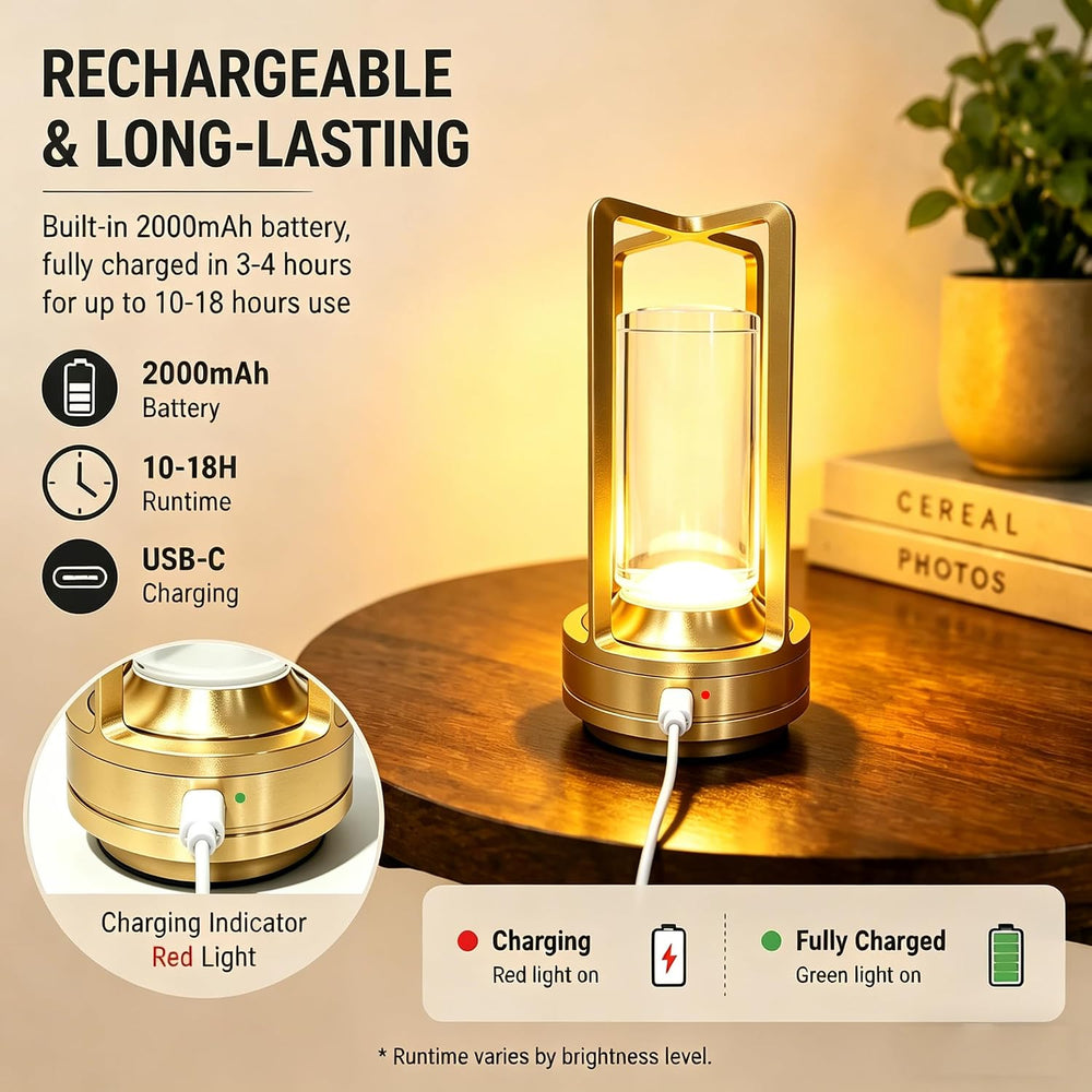 Rechargeable Crystal Table Lamp, 3-Color Touch LED, Gold