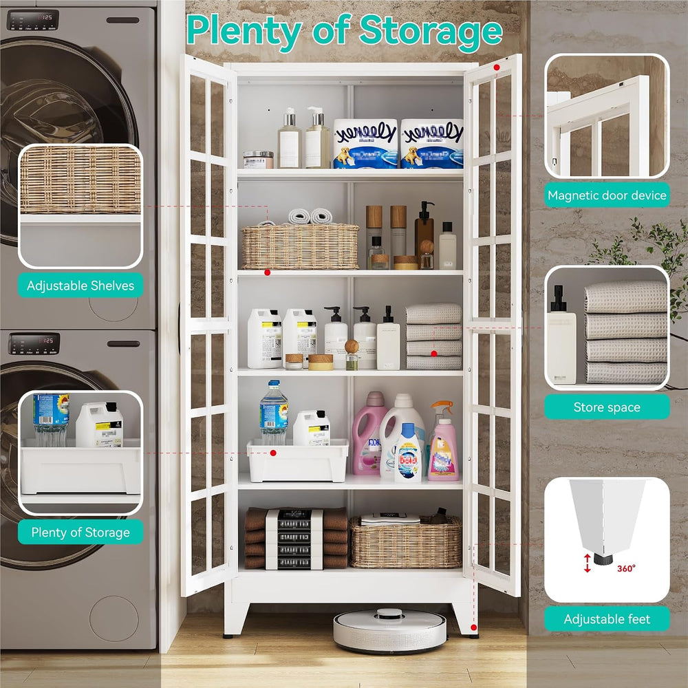 Metal Storage Cabinet with Glass Doors and Adjustable Shelves