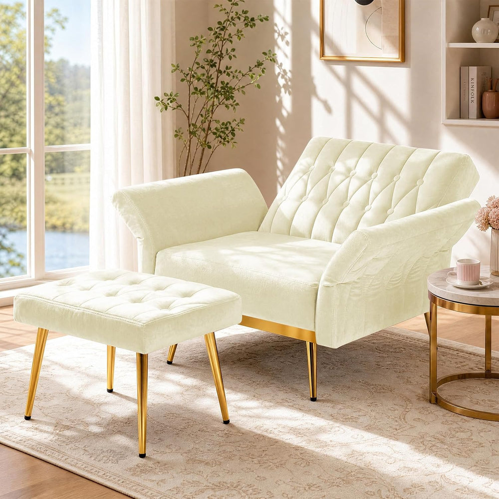 Velvet Accent Chair w/Ottoman & Adjustable Backrest, Beige