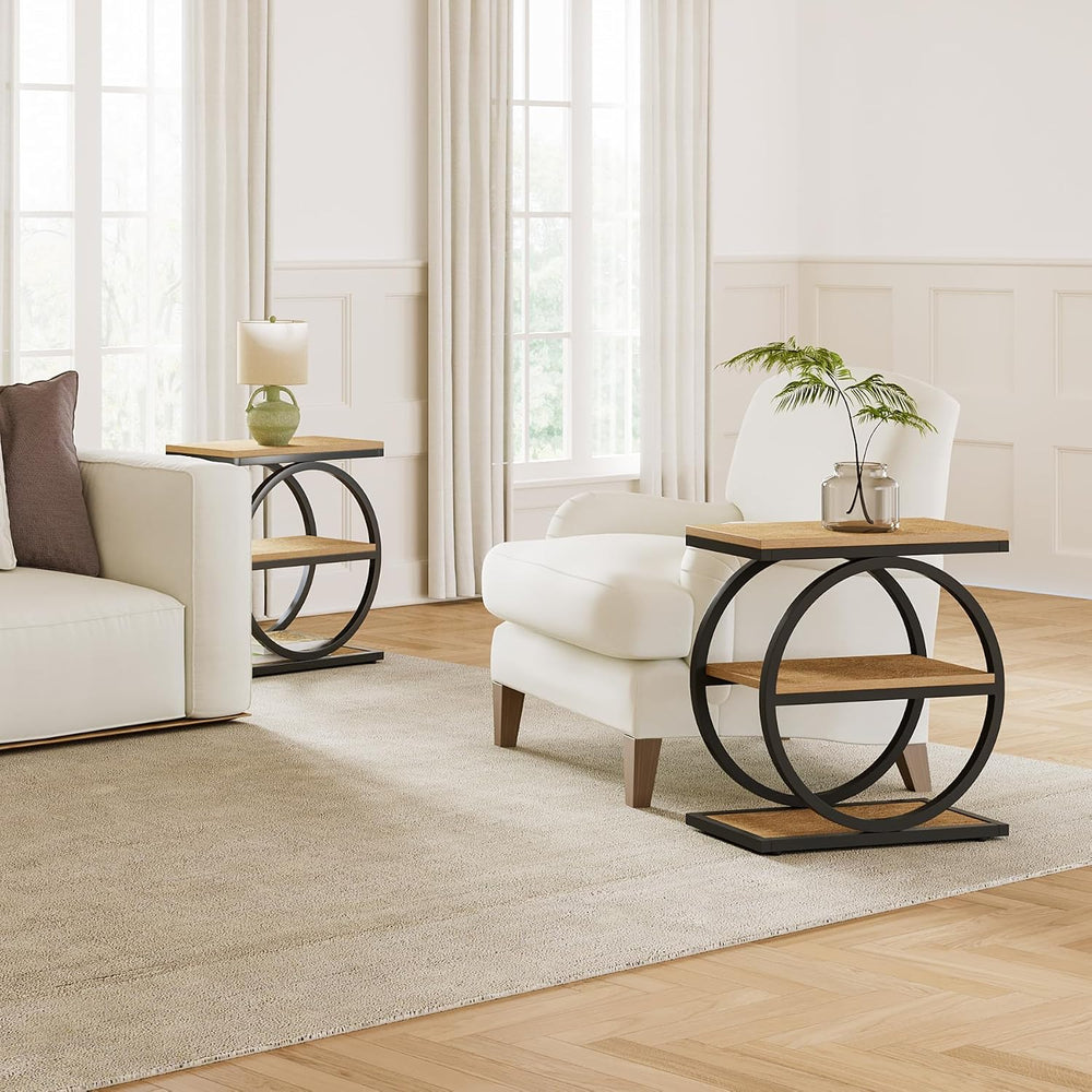 LITTLE TREE End Table Set 2, Side Table with 3-Tier Storage Shelves, Small So...