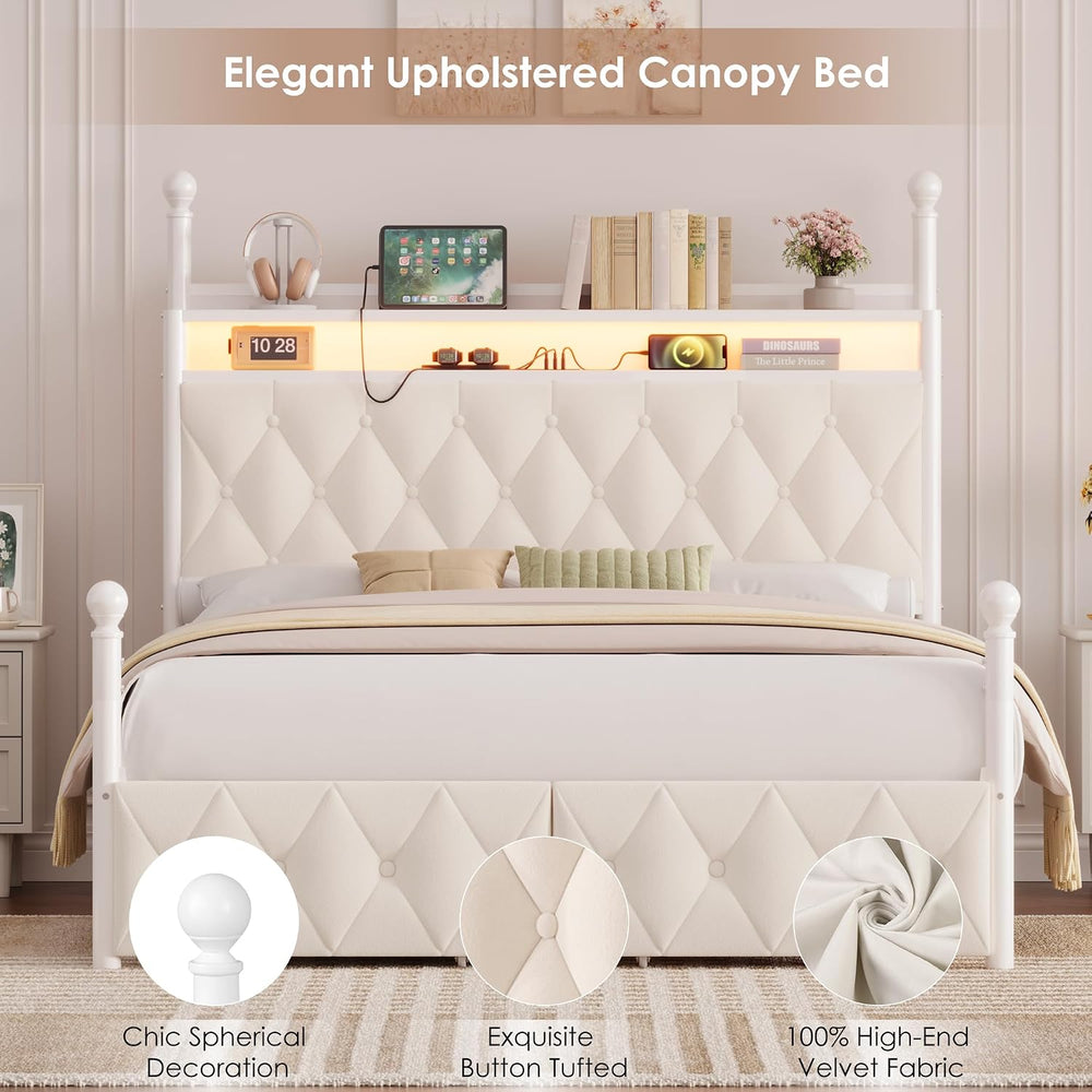 HIFIT Full Size LED Canopy Bed Frame with Storage & Charging Station, Beige
