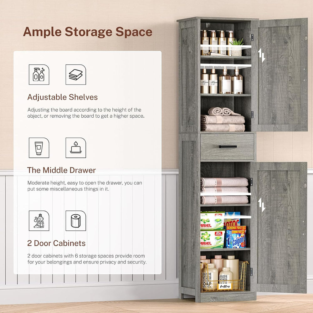 TEENFON Tall Bathroom Cabinet, Storage Cabinet with 6 Shelves & Drawer