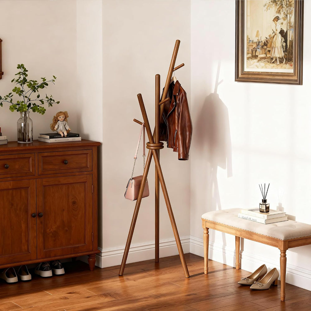 VICITON Wooden Coat Rack, Tripod Coat Tree Freestanding with 3 Hooks for Clot...