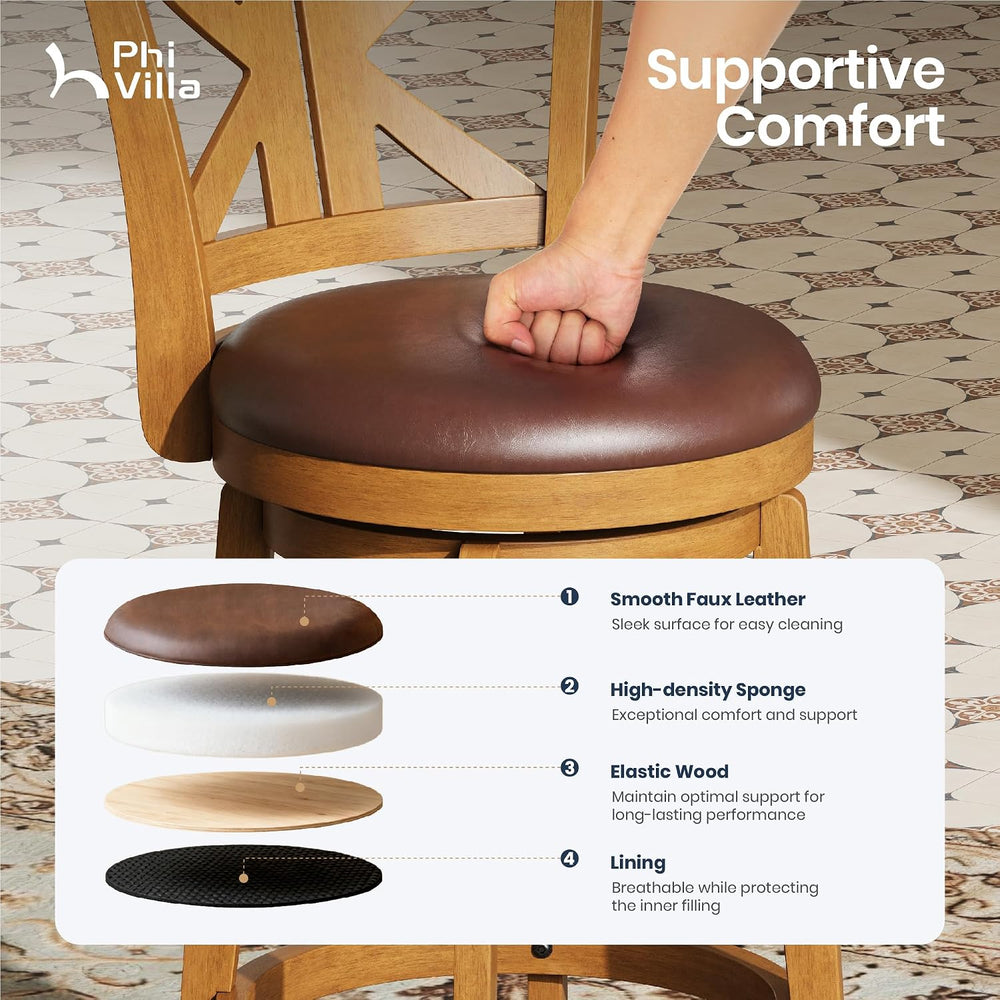 PHI VILLA Swivel Bar Stools Set of 2, 26 Inch Barstools with Backs