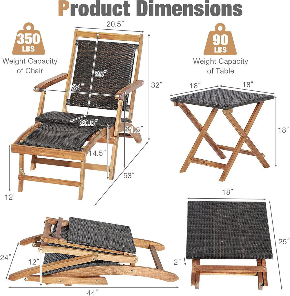 RELAX4LIFE Patio Chaise Lounge Chair Set of 3, Acacia Wood Folding Rattan Wic...