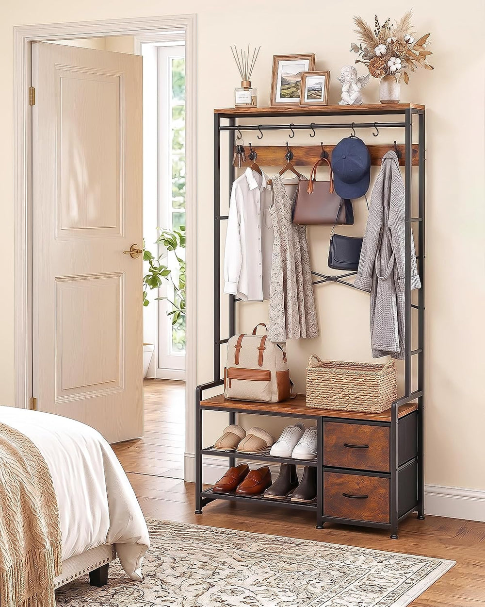 Faesun Hall Tree with Bench and Shoe Storage, Rustic Brown