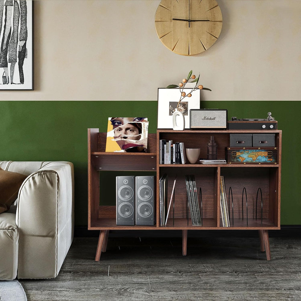 Large Record Player Stand, Mid-Century Vinyl Record Storage Table with Wood L...