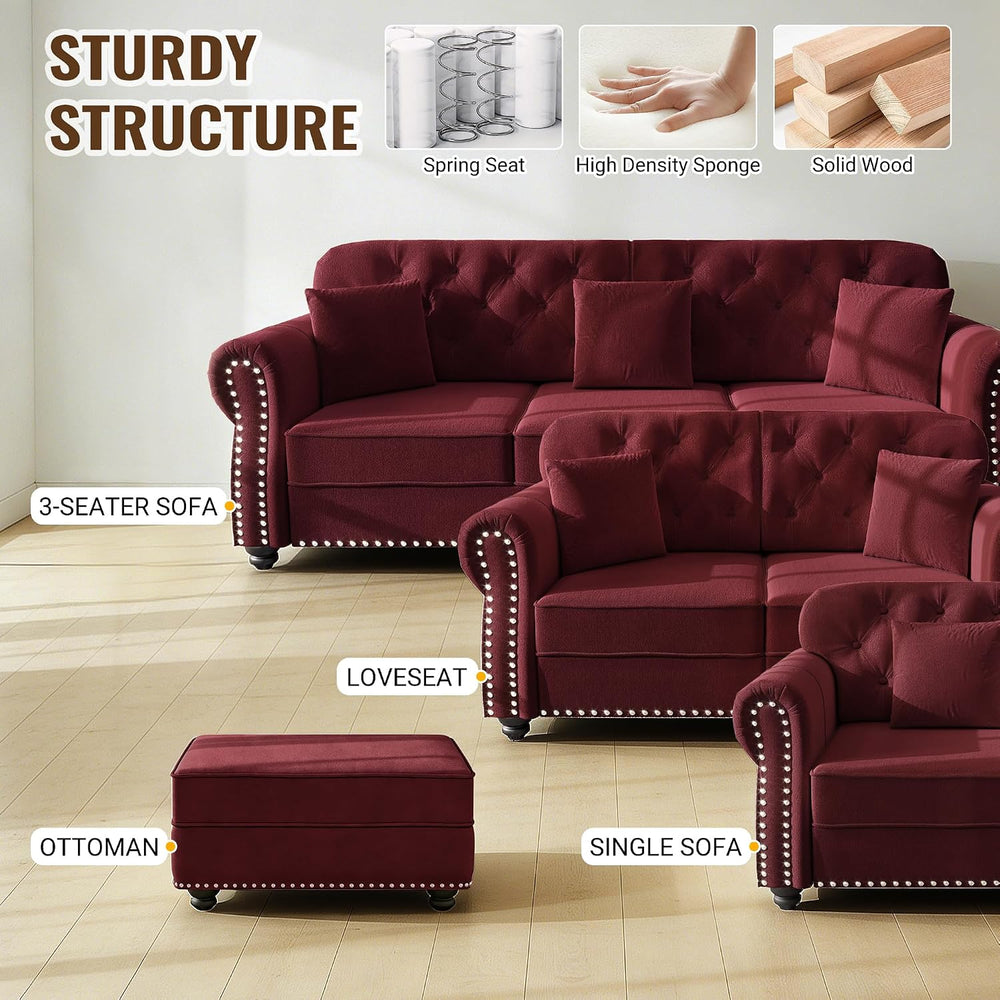 KEIKI 2-Piece Chesterfield Sofa Set with 1 Velvet 3-Seater Sofa & 1 Loves...