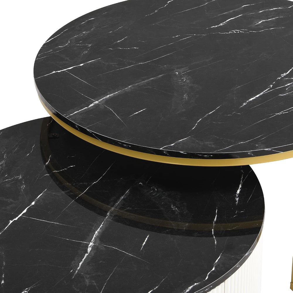 Modern Round Nesting Coffee Table Fluted with Drawer in Black & Gold in 3...