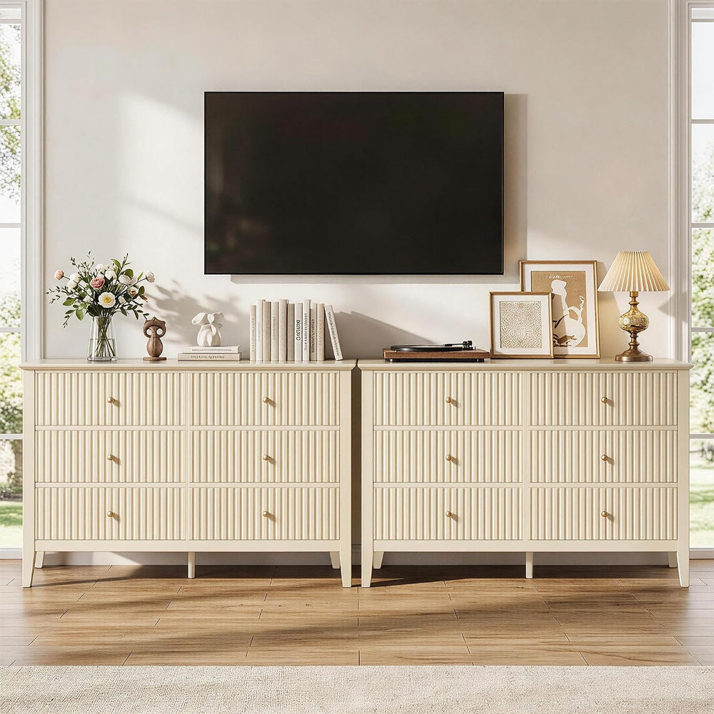 RoyalCraft Beige 6 Drawer Dresser, Fluted Modern Wood Chest of Drawers, Long ...
