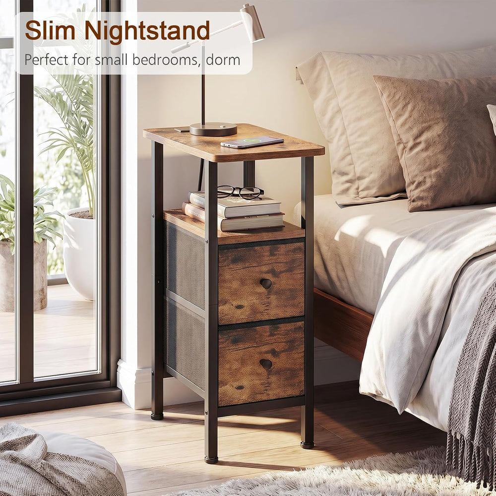 LOAKEKEL Narrow End Table with Charging Station, Small Nightstand