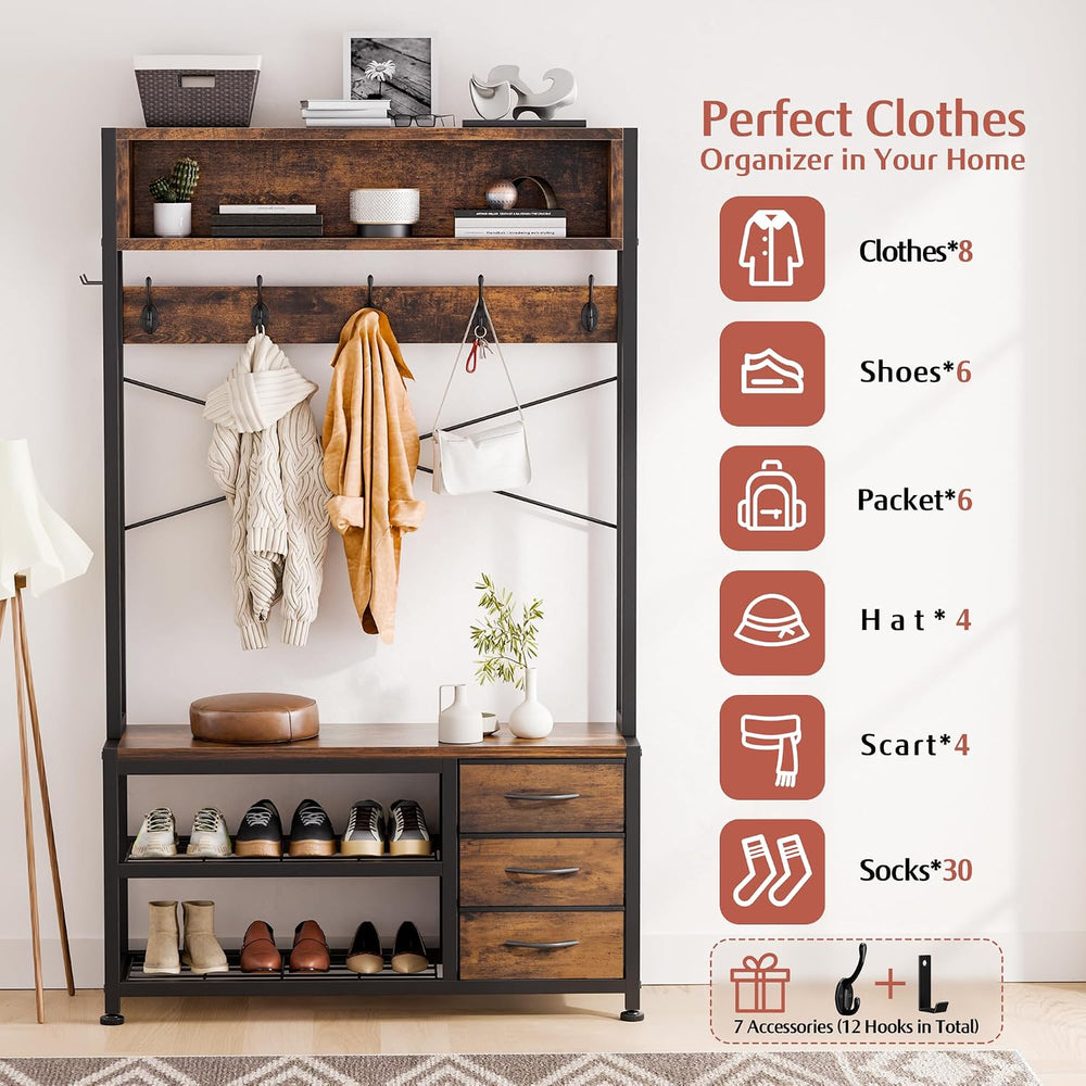 Hall Tree with Bench & 3 Drawers Storage 31.5" Coat Rack Entryway Or...