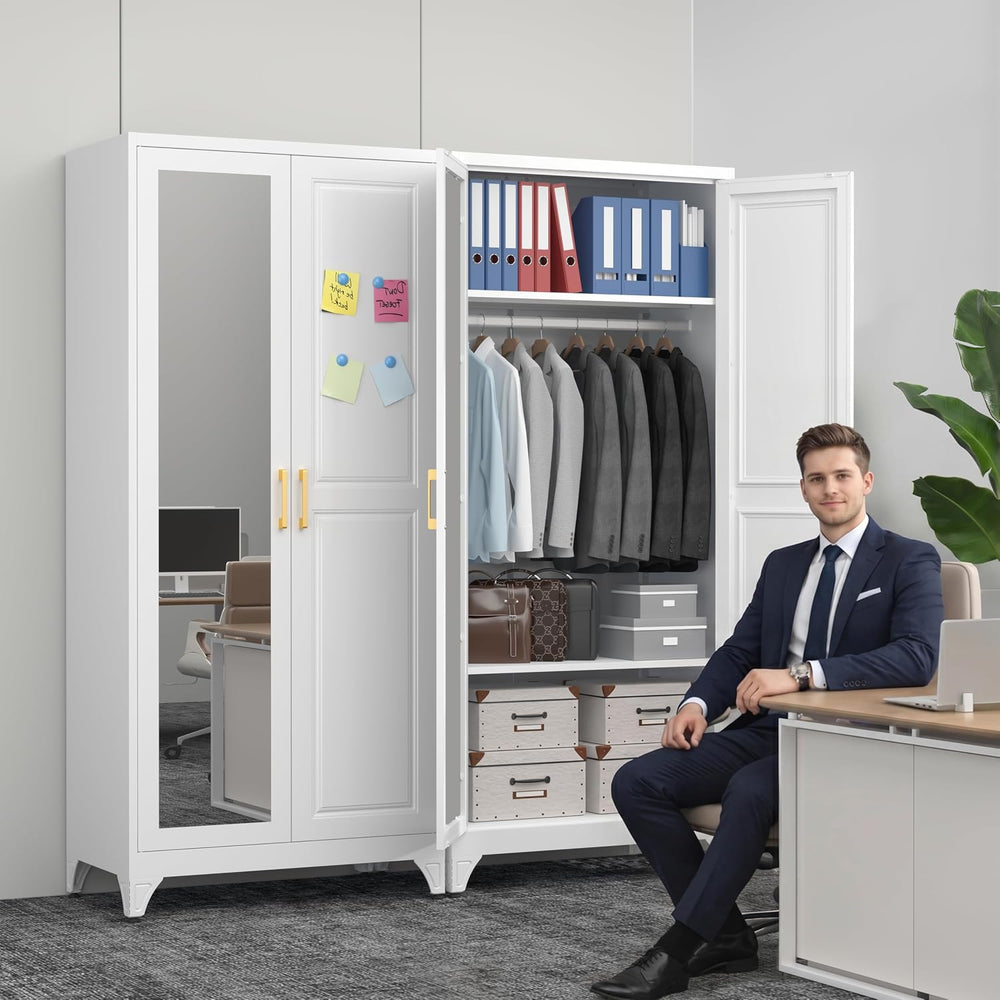 Polup Metal Armoire Wardrobe Closet with Mirror, 71" Tall White Cabinet