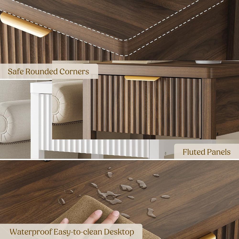 Night Stand Set 2, Fluted Wood Nightstands w/Charging Station for Bedroom