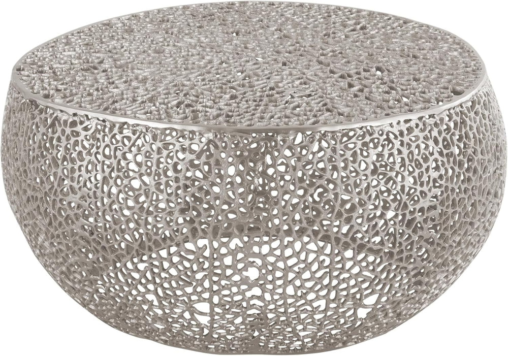 32" Silver Aluminum Drum Coffee Table with Open Mesh Design