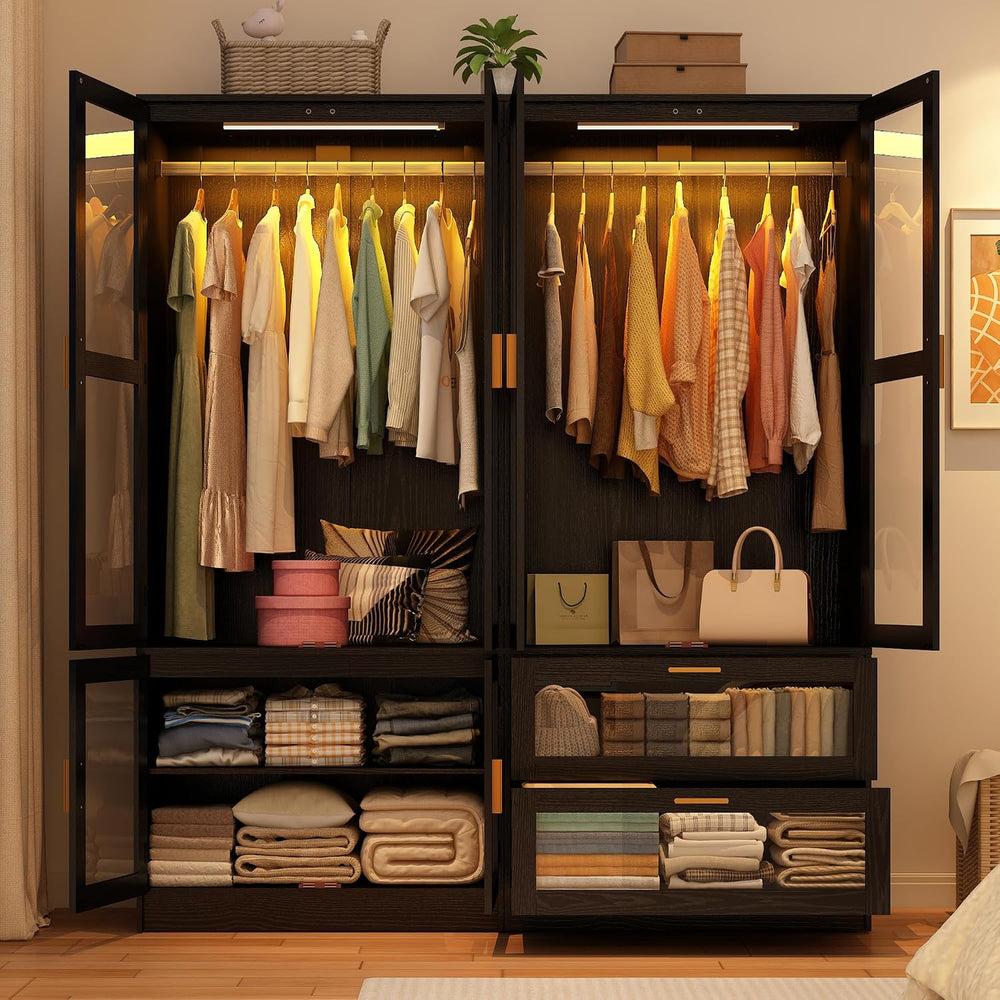 4 Doors Armoire Wardrobe Closet with LED and Mirror,71" H Freestanding W...