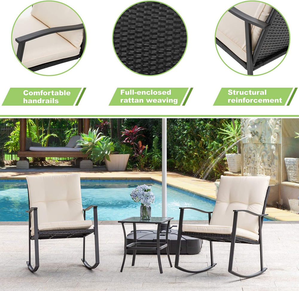 Vongrasig 3 Piece Outdoor Rocking Chair Set, PE Wicker Rattan Small Bistro Se...