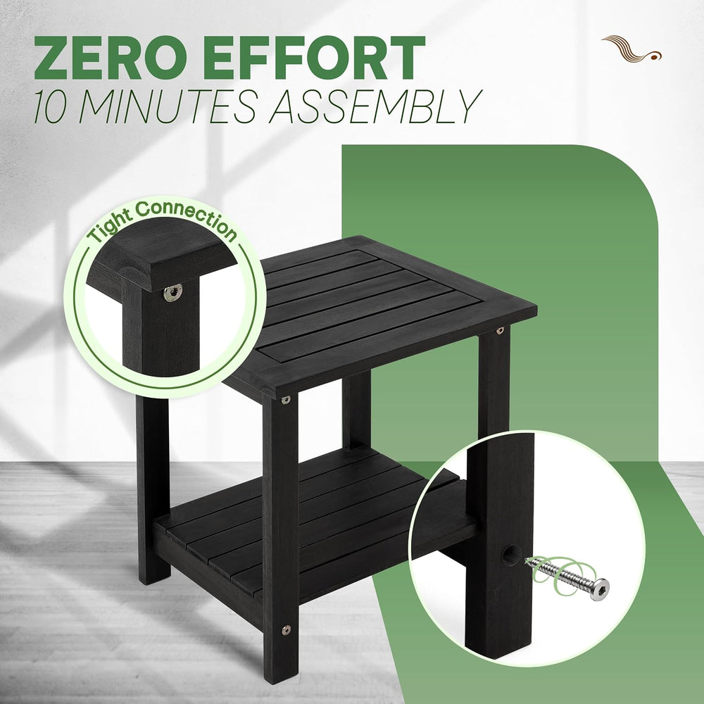 Acacia Wood Adirondack Side Table, 2-Tier Outdoor End Table - Black
