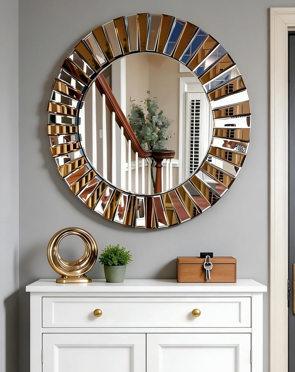 Decorative Round Mirror Sunburst: Silver-Brown Crystal Edge 31.5 in