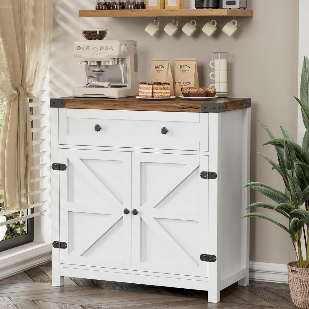 YESHOMY Farmhouse Coffee Bar Accent Cabinet Barn Doors,Rustic Brown White
