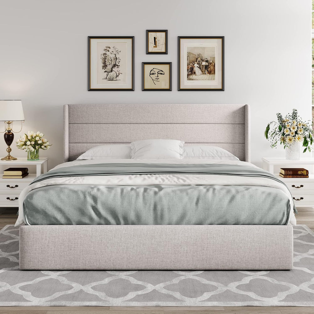 Allewie King Size Lift Up Hydraulic Storage Bed Frame Light Beige