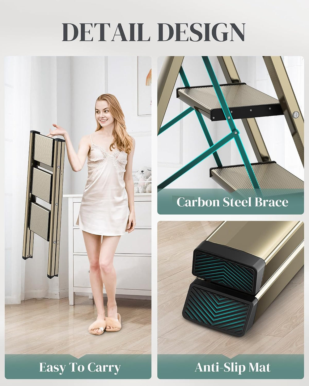 3 Step Ladder, Foldable Aluminum Step Stool with Anti-Slip Pedal