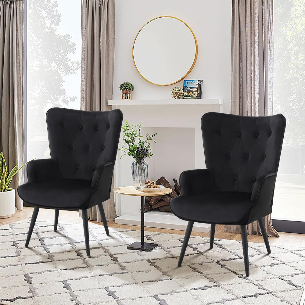 Furnimart Accent Chairs Set of 2, Black Velvet Reading Armchairs with High Ba...