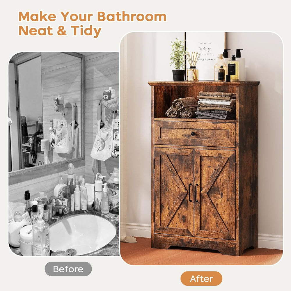 Floor Cabinet, Farmhouse Storage Cabinet with Barn Doors and Drawers