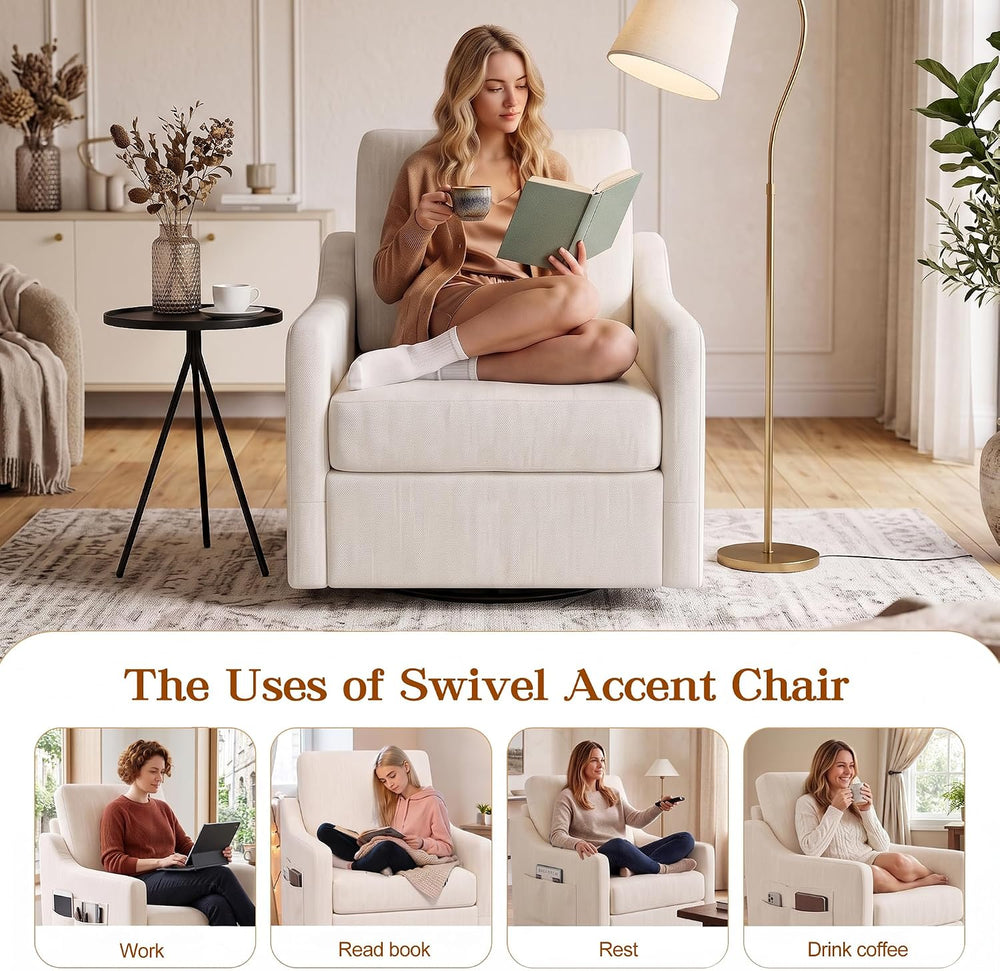 360° Swivel Accent Chair with High Back & Lumbar Support, Deep Seat, Beige