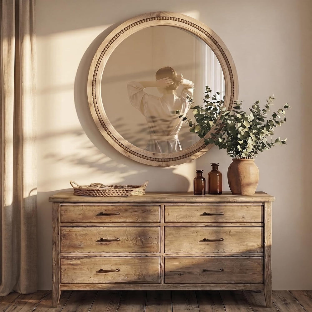 Solid Wood 30 Inch Round Beaded Vanity Wall Mirror, Natural Wood