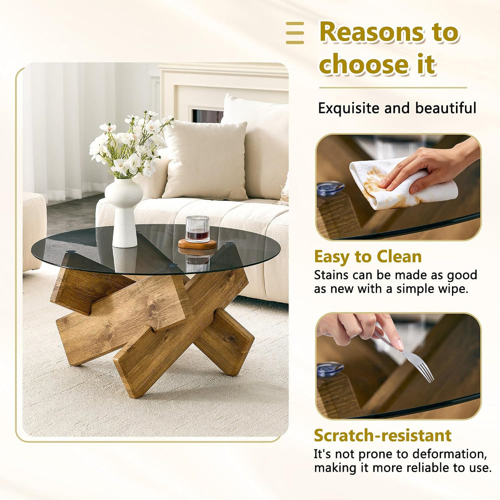 Round Gray Glass Coffee Table, 33.4-Inch Tempered Glass Top