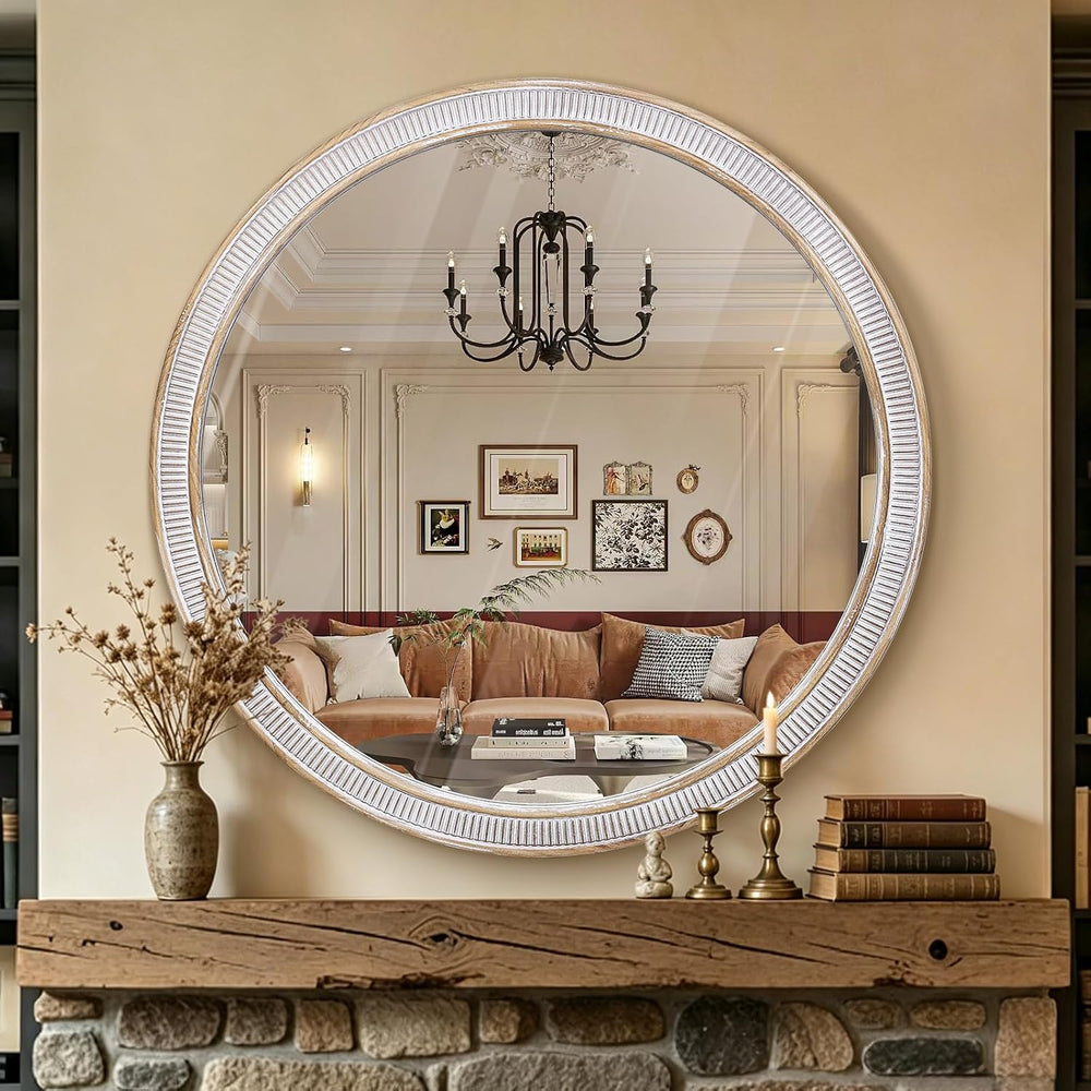 30 Inch Wooden Round Mirror for Wall Decor, Rustic Distressed Mirrors