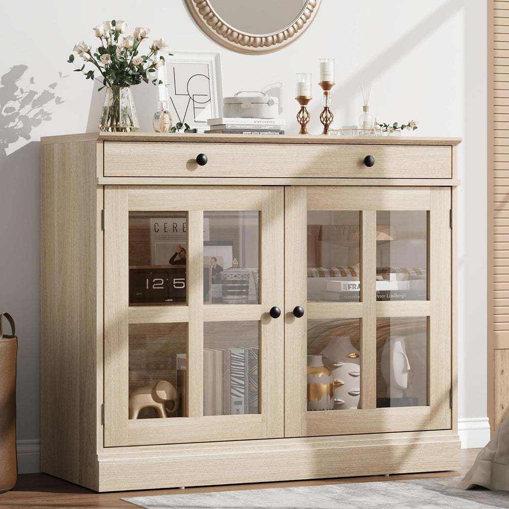 GarveeHome Modern 35.4" Sideboard Buffet Cabinet with Glass Door, Oak