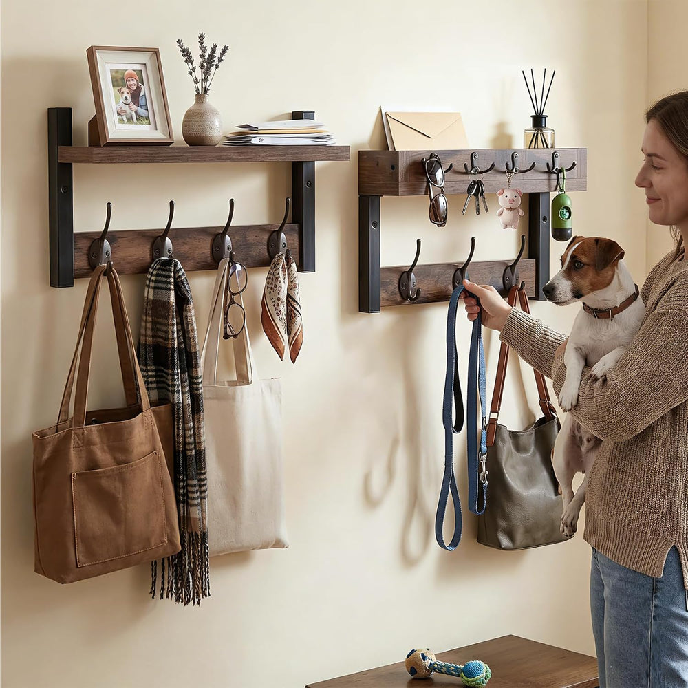 29" Coat Rack Wall Mount with Shelf, Mail & Key Organizer, Brown
