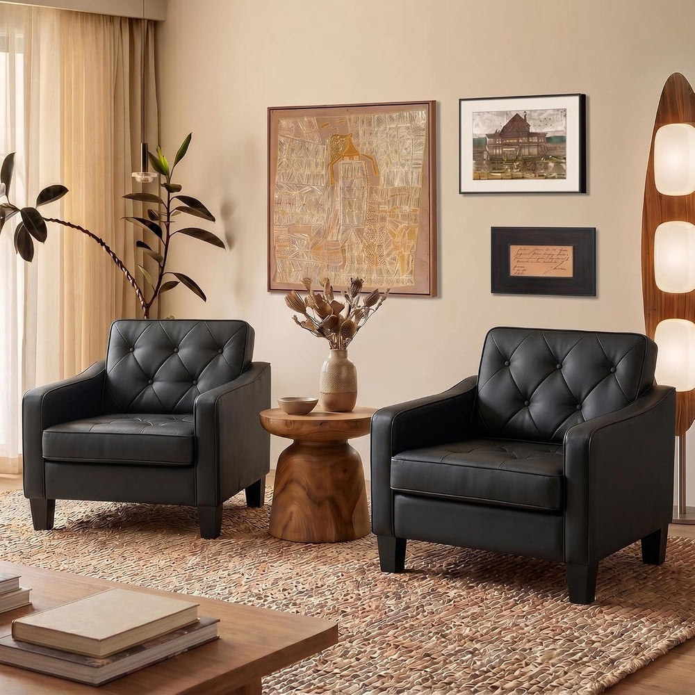 Black Tufted Leather Accent Chairs Set 2, Wide Armchairs Living Room Office