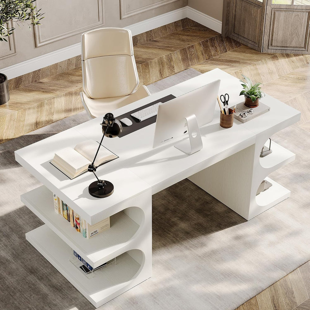 Tribesigns White Executive Office Desk, 63" Computer Desk with Storage S...