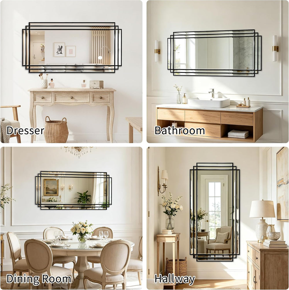 47"x24" Large Rectangle Beveled Mirror with Black Geometric Frame