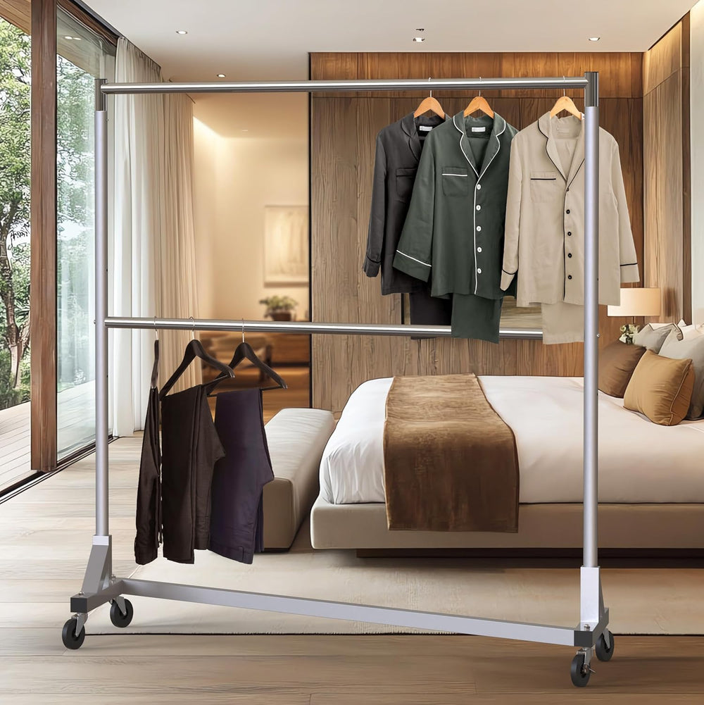 Simple Houseware Commercial Grade Z-Base Double Rod Garment Rack, Silver