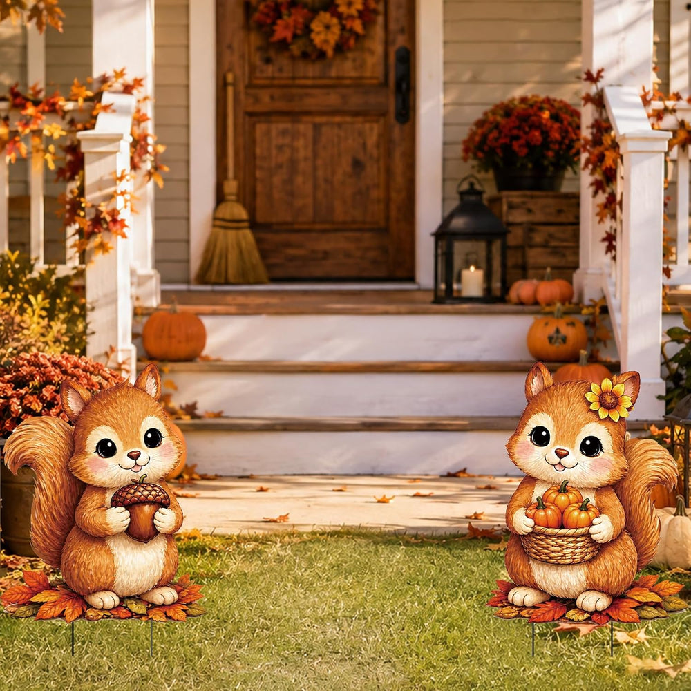2 Pack Fall Cute Squirrel Garden Stakes Acorn Pumpkin Metal Yard Sign