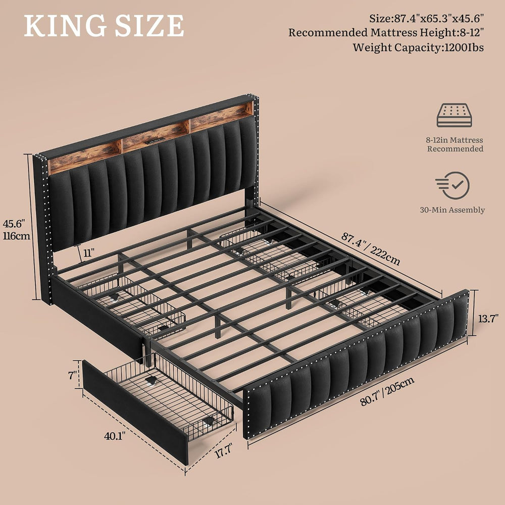 YITAHOME King Size Bed Frame with 4 Storage Drawers, RGB LED Light, Black
