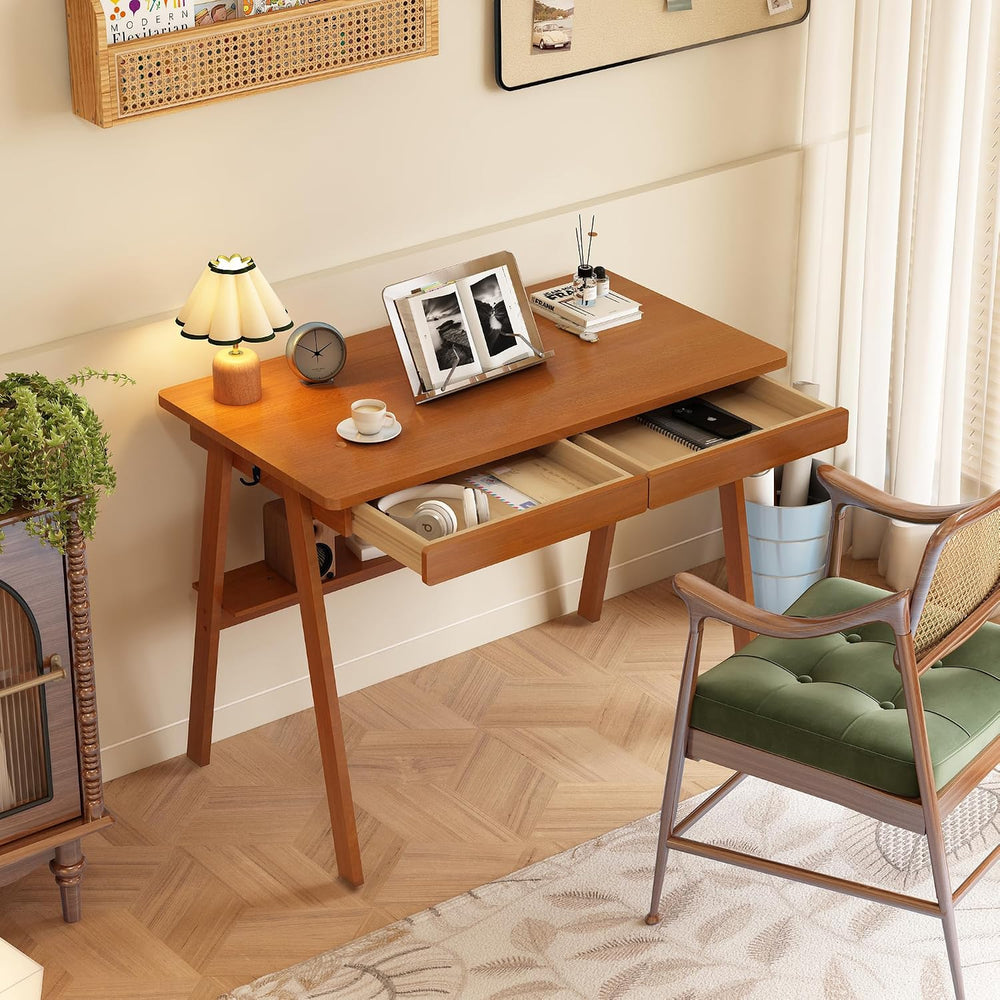 Solid Wood Desk with Drawers - 39.4 Inch Mid Century Modern Desks with Storag...