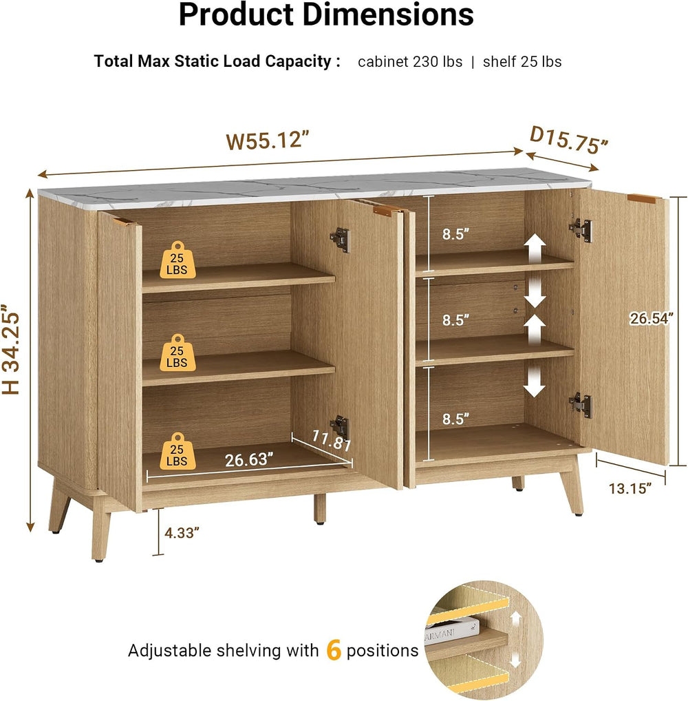 Sideboard Cabinet, 55'' Buffet Cabinet with Faux Marble Top & Adj...