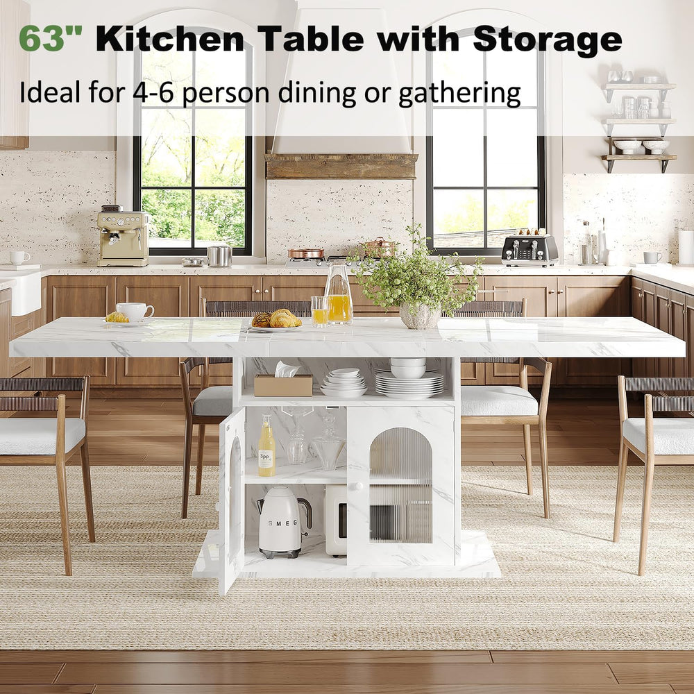 HSH 63" Modern White Faux Marble Dining Table for 6 with Storage Cabinet