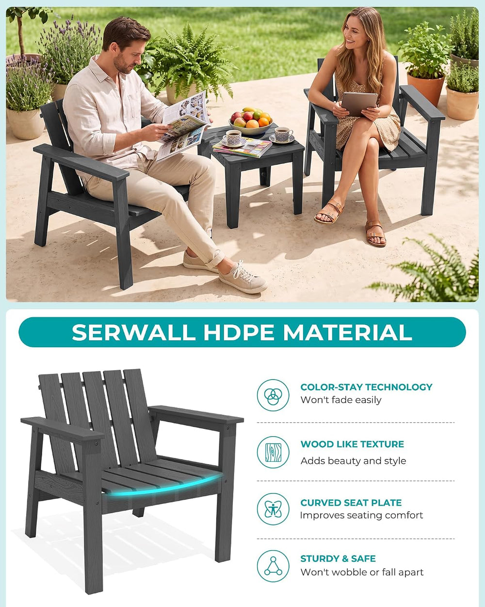 SERWALL Low Back Bistro Set-utdoor Adirondack Chairs and Side Table-Gray