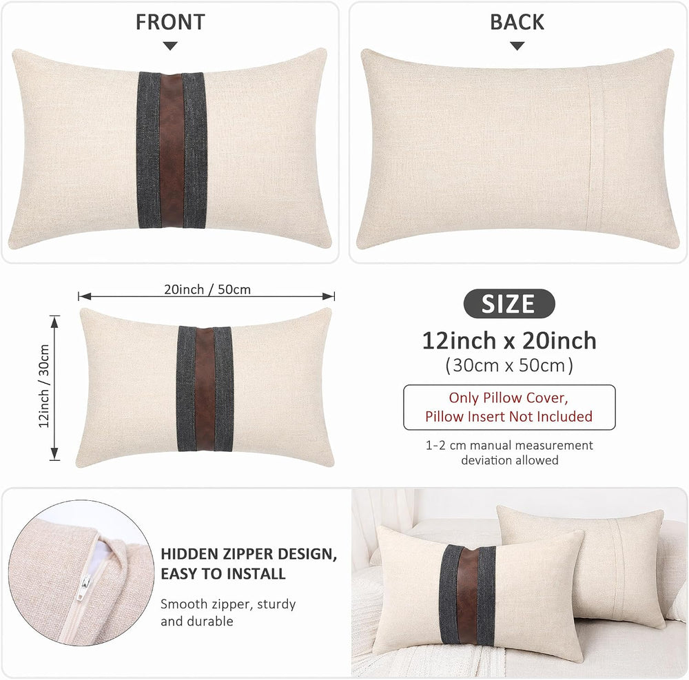 Set of 2 Leather Throw Pillow Covers Lumbar Cotton Linen Decor Patchwork Pill...