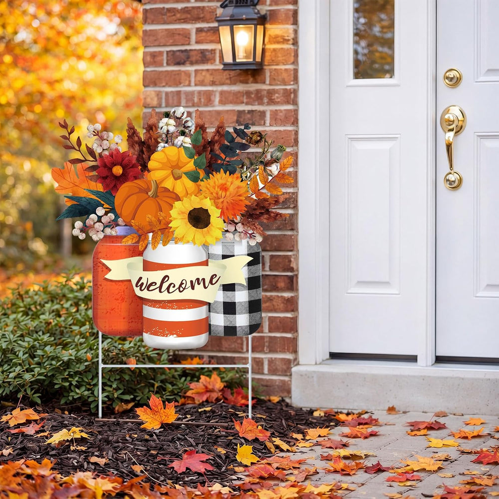 Yookeer Fall Decoration Outdoor Metal Pumpkin Fall Leaf Sign with Stakes