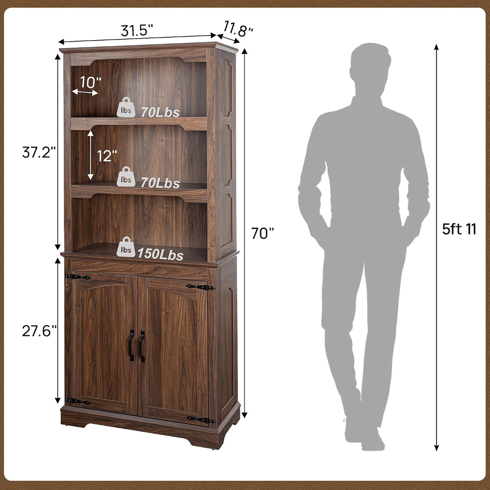 70”Walnut Bookcase Bookshelf, 5-Tier Farmhouse Bookcases with Doors