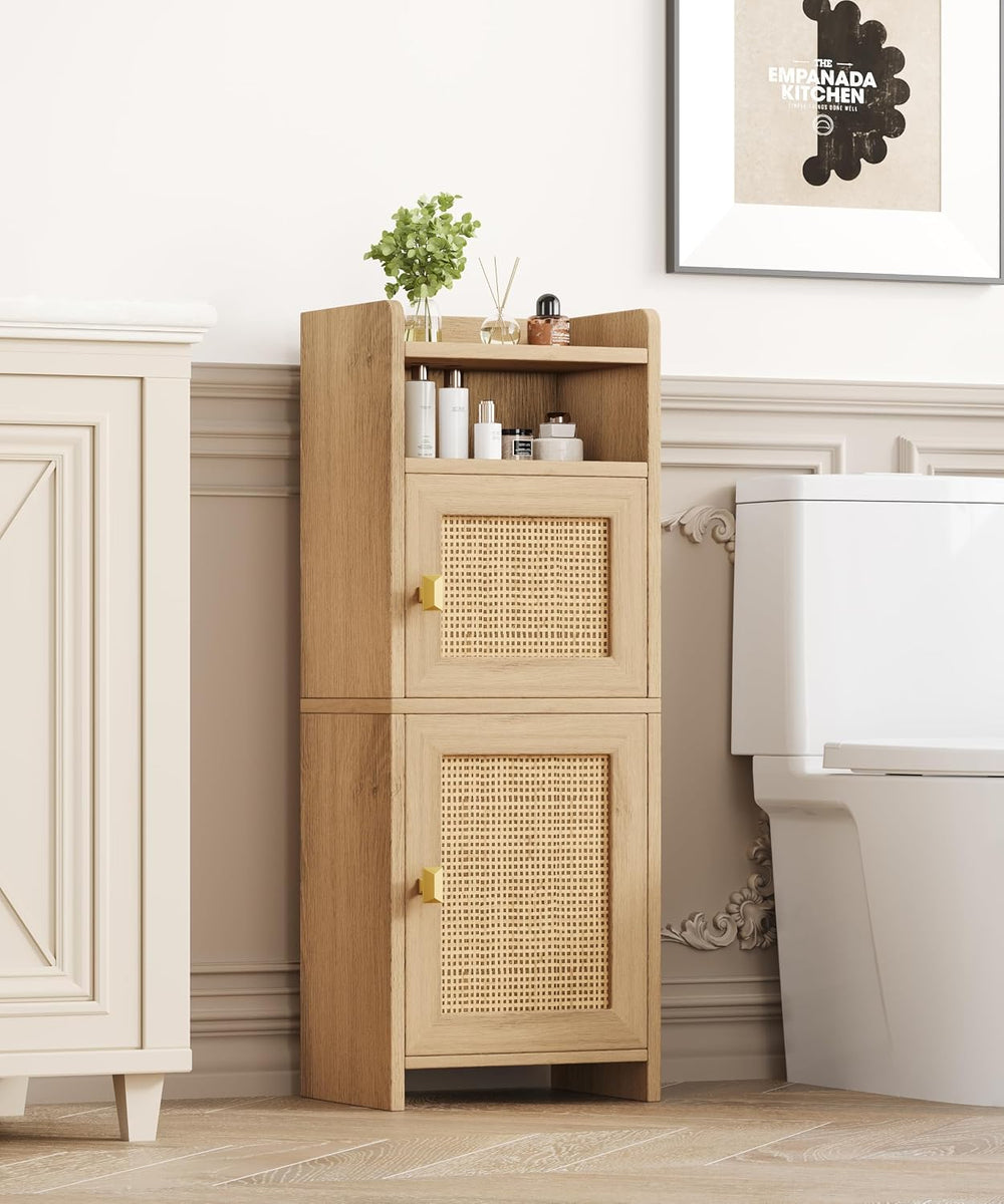 Akxomel Rattan Small Bathroom Cabinet with Open Shelf Wooden Floor Unit