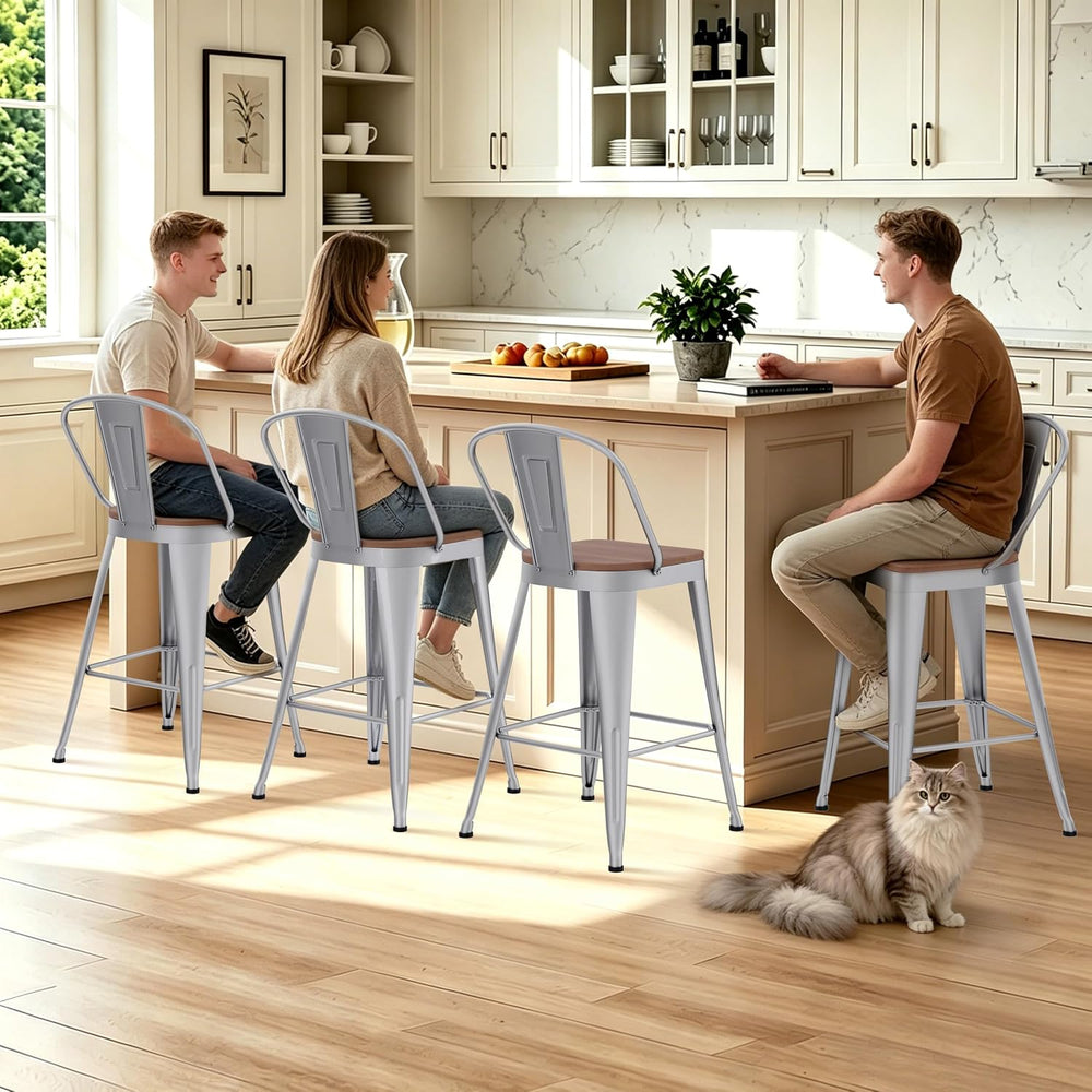 Bar Stools Set of 4, 30" Metal Bar Height Stools with Back Silver