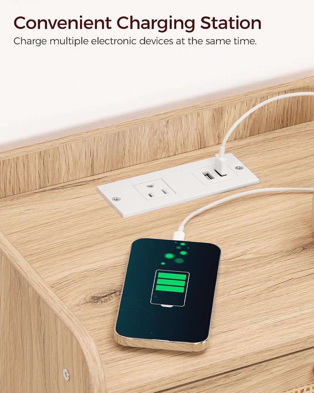 CHOEZON Nightstand with Charging Station, Side Table with Rattan-Style Drawer...